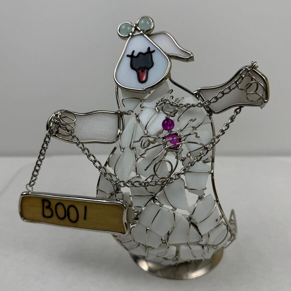 Vintage Halloween Stained Glass Ghost Candle Holder Boo Sign Chains 8.5" - Picture 2 of 12